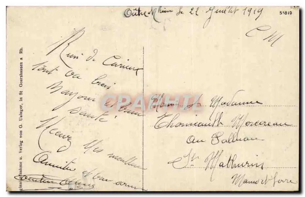 St. Goarshausen a. Rh. — Uitzicht op de Rijn met boot en kasteel op de heuvel — uitgever G. Usinger - Achterkant