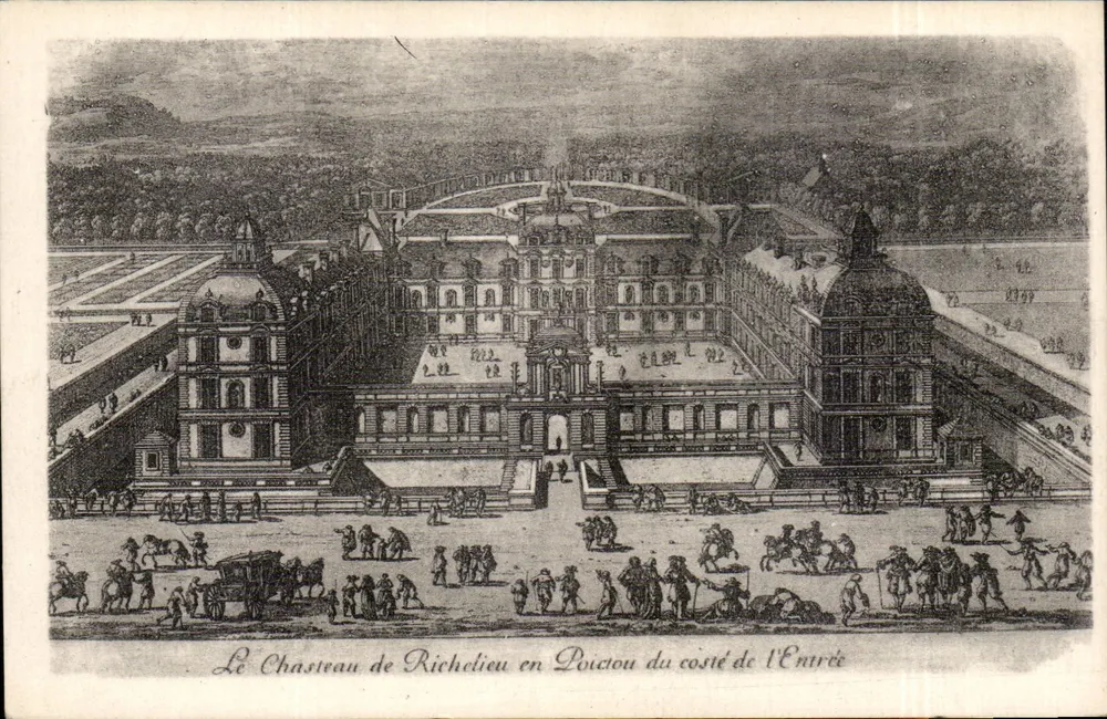 O Castelo de Richelieu em Poitou do Lado da Entrada — gravura histórica — Edit. Dorange, Tours - Frente
