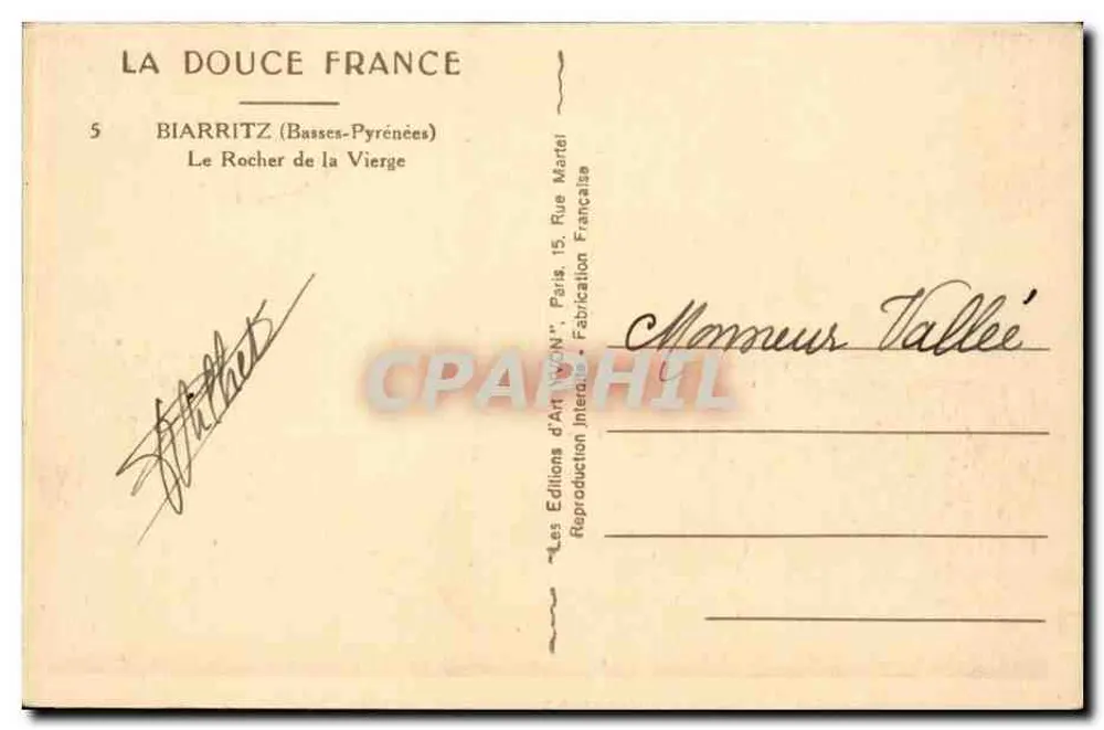 Biarritz (Basses-Pyrénées) — O Rocher da Virgem — Edições de Arte 'L'Art Français' - Verso