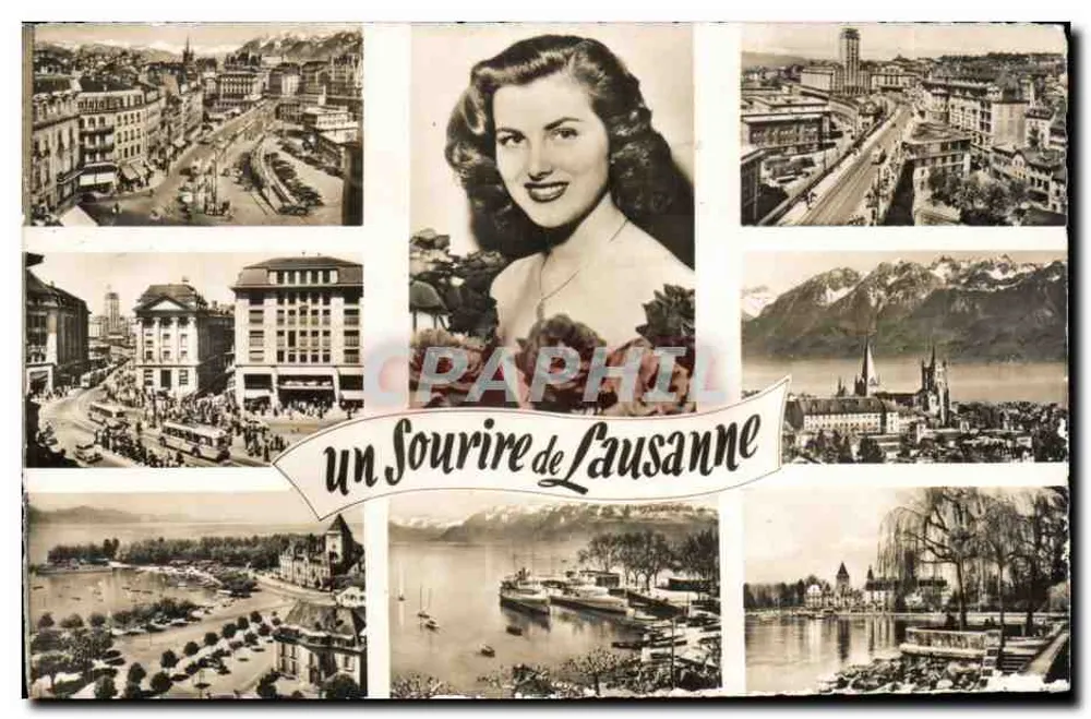 Um Sorriso de Lausanne — colagem de vistas da cidade e de uma jovem mulher — Edições Jaeger Genebra, n°7953 - Frente