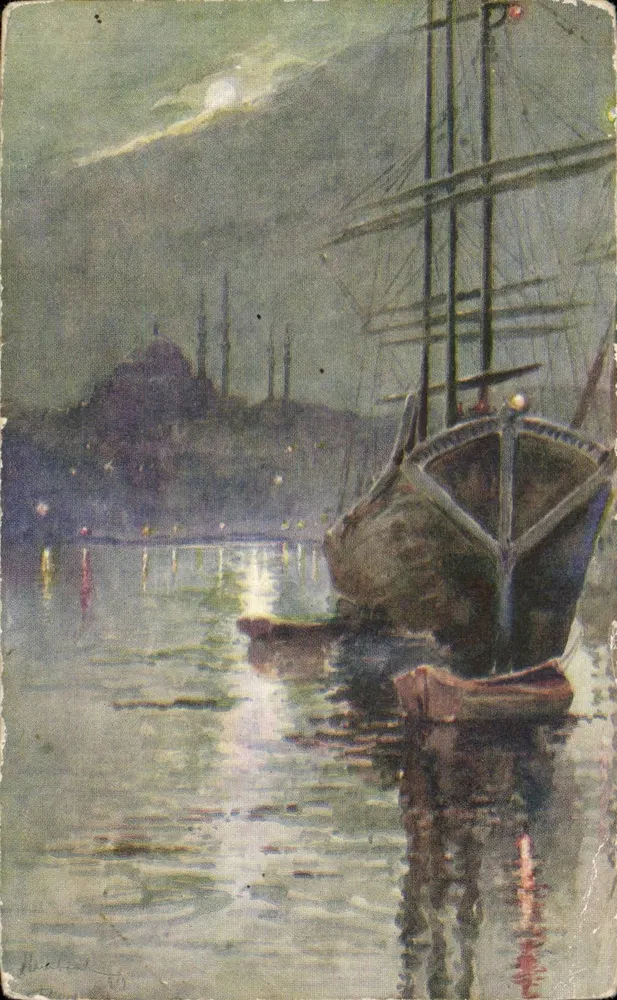 Stamboul bei Mondlicht — Nachtsicht mit Moschee und Boot — Éditions d'Art E. F. Rochat, Konstantinopel, Nr. 570 - Vorderseite