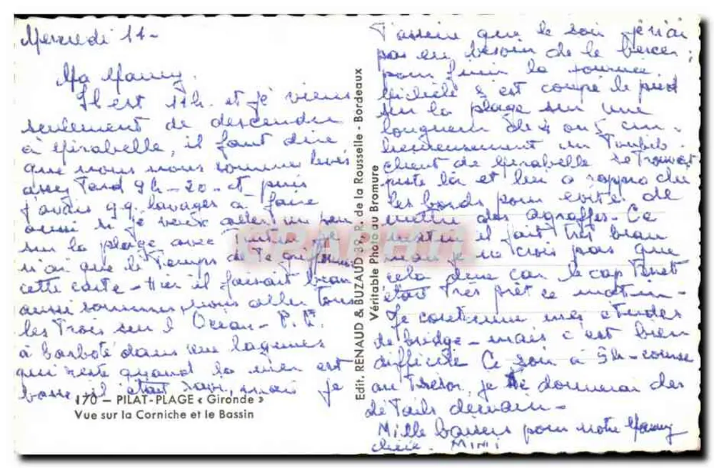 Pilat-Plage — Ansicht der Corniche und des Bassins — Édit. RENAUD & BUZAUD 30 R. de la Roussille à Bordeaux - Rückseite
