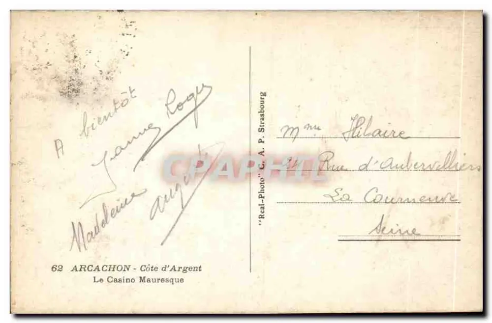 O Casino Mauresque — Arcachon — Costa de Prata — editor 'Real-Photo' C. A. P. Strasbourg - Verso