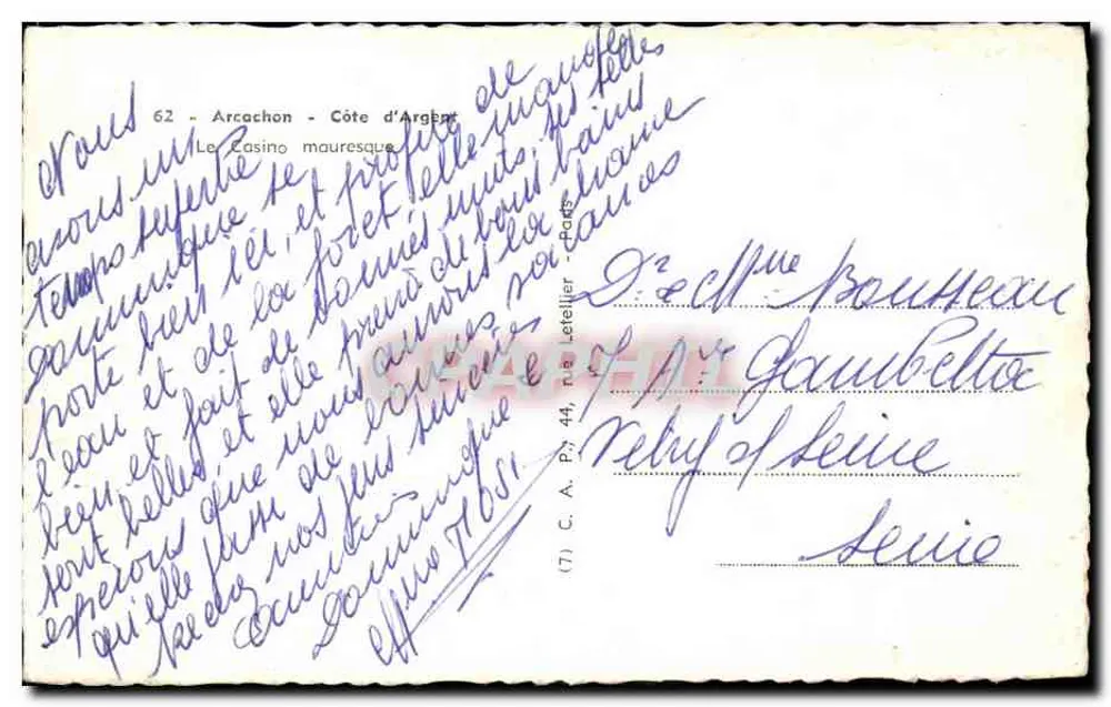 O Casino mauriço — Arcachon, Côte d'Argent — editor C.B. - Verso
