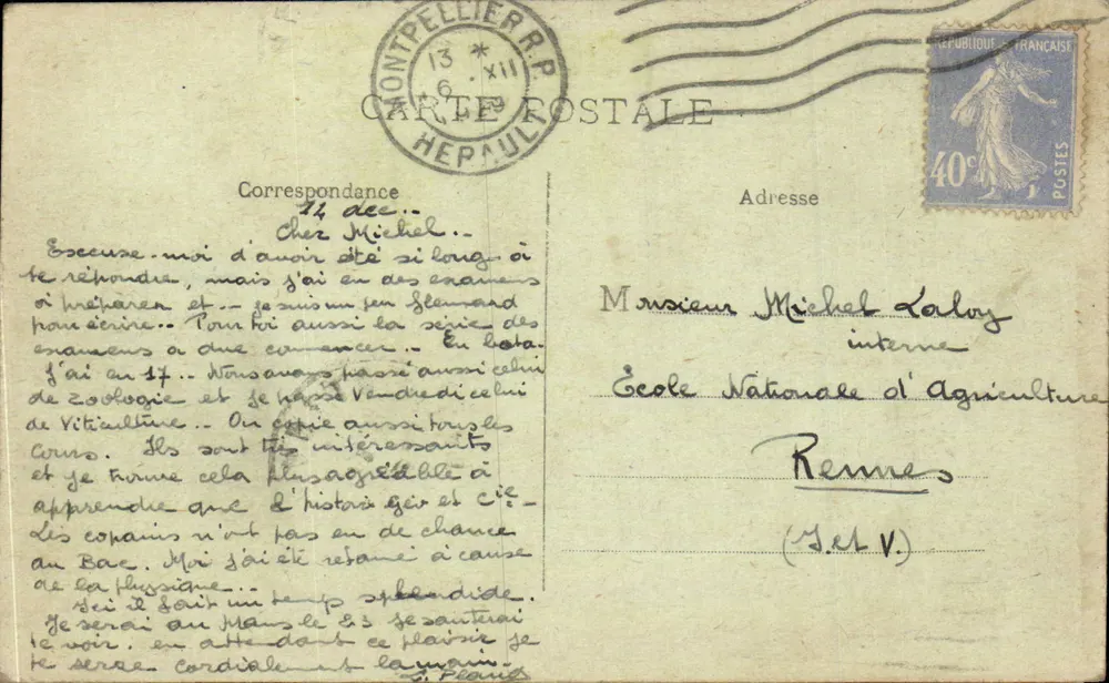 Montpellier — Internationale Landwirtschaftsschule, Hauptfassade und Büste von Herrn St-Pierre — Verlag: Rennes, Nr. 427 - Rückseite