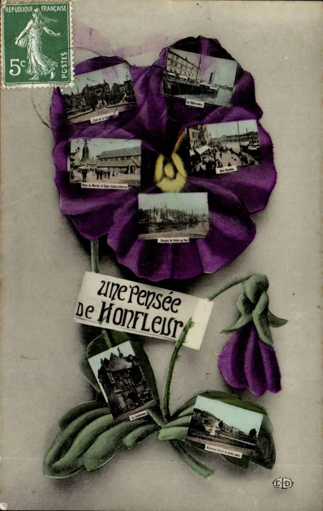 Uma Pensão de Honfleur — carta postal decorativa com colagem de fotos — E.D. - Frente