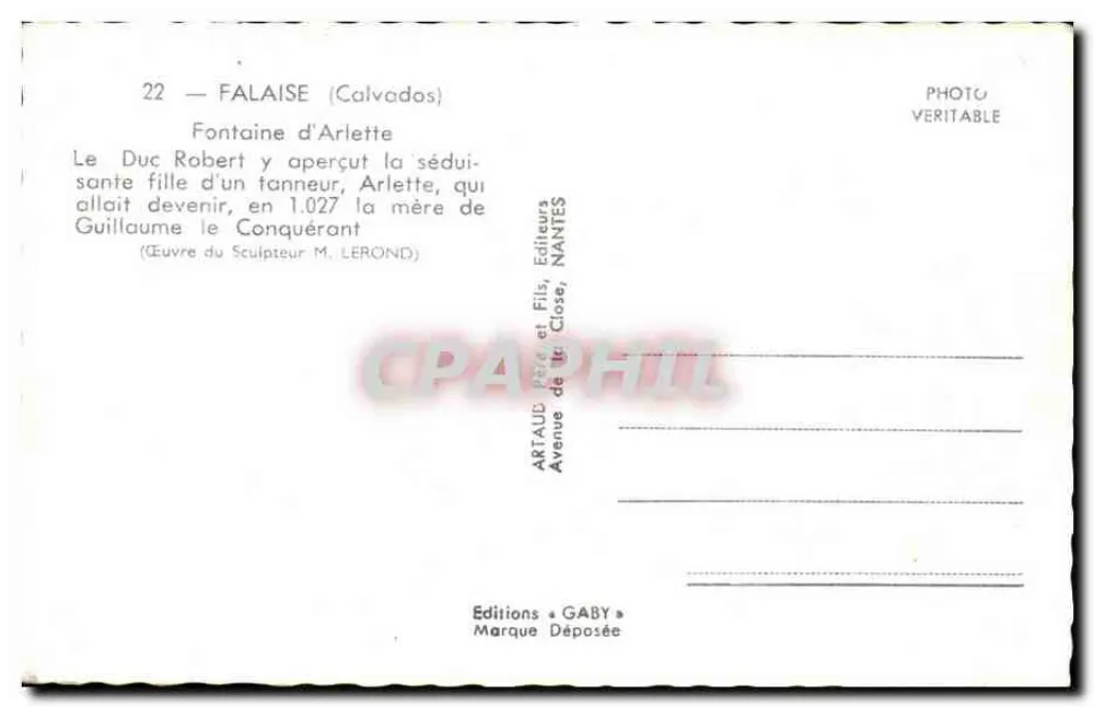 Fontaine d'Arlette — Falaise (Calvados) — Éditions Gaby - Verso