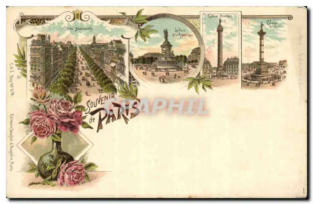 Die Boulevards — Panoramablick mit Place de la République, Colonne de Juillet und Colonne de Vendôme — Éditions Sempé & Maudet, Paris - Vorderseite
