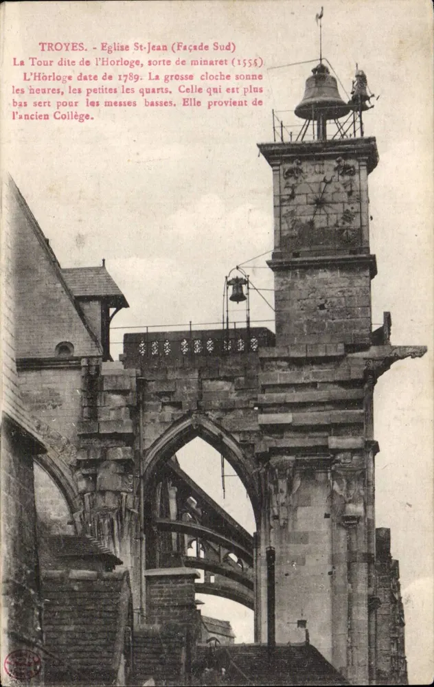 Troyes - Igreja de Saint-Jean (Fachada Sul) — Torre de Relógio e Campanas — texto impresso - Frente