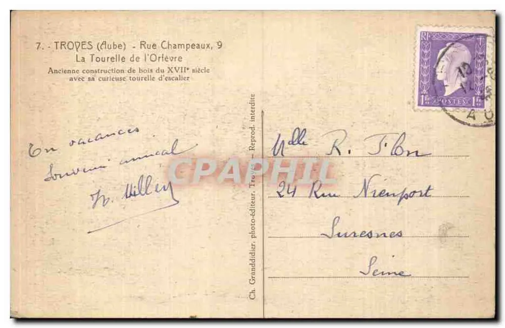 TROYES (Aube) - Rue Champeaux, 9 — A Torre do Ouro — Ch. Granddider, fotógrafo-editor, Troyes - Verso