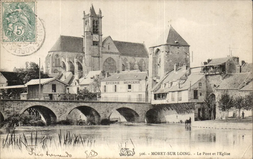 Moret-sur-Loing — O Ponte e a Igreja — Editor anônimo, n° 506 - Frente