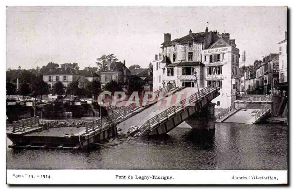 Ponte de Lagny-Thorigny — destruído — segundo a Illustration, série "GEO" n°15 - 1914 - Frente