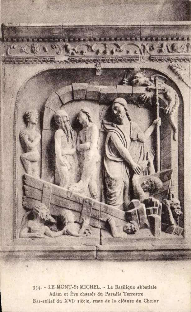 Adam und Eva aus dem Paradies vertrieben — Basrelief des 16. Jahrhunderts, Reste der Chorbegrenzung — Die Abteibasilika, LE MONT-ST-MICHEL - Vorderseite