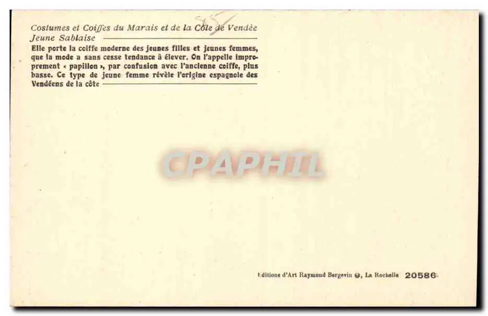 Junge Sablaise — Coiffes des Marais und der Côte de Vendée — Éditions d'Art Raymond Bergevin, La Rochelle, n°20586 - Rückseite