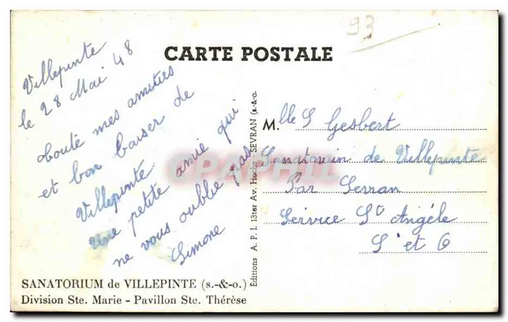 Sanatorium von Villepinte — Abteilung Ste. Marie — Éditions A. P. I. 13ter Av. Hoche SEVRAN - Rückseite