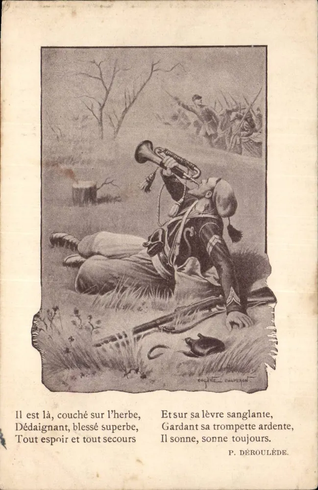 Soldado ferido tocando trombeta — Poema de P. Déroulède — Editor: Eugène Chaperon - Frente