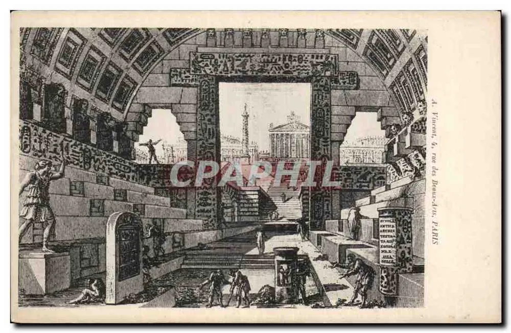 Innenraum eines antiken Tempels — Kupferstich — A. Vincent & Cie, rue des Beaux-Arts, PARIS - Vorderseite