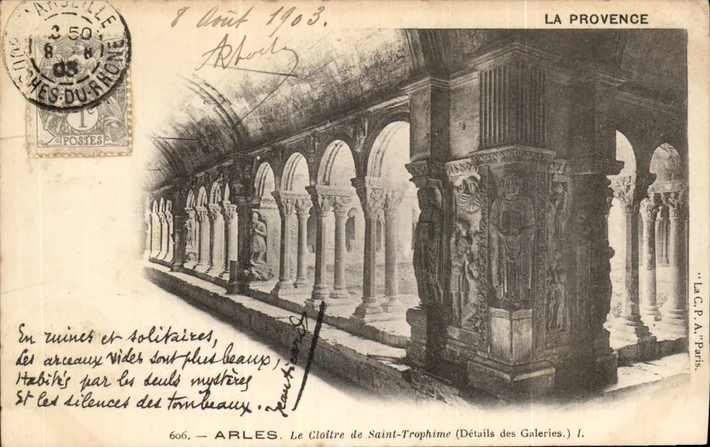Arles. O Cloître de Saint-Trophime (Detalhes das Galerias.) I. — LA PROVENCE, editada por LA C.P.A. Paris, n° 606 - Frente
