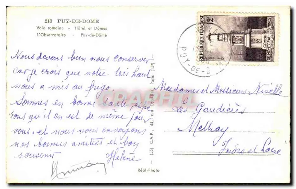 Puy-de-Dôme — Erinnerung an PUY-de-DÔME (Höhe 1465 m) — Real Photo - Rückseite