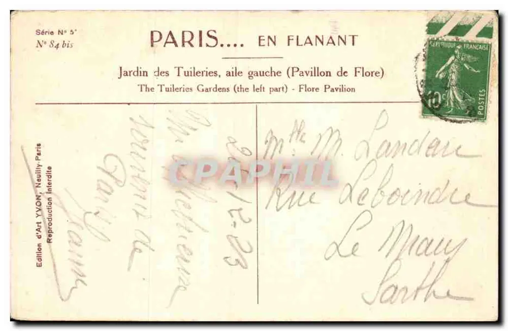 Jardin des Tuileries, linke Flügel (Pavillon de Flore) — Paris — Künstleredition YVON, Neully-sur-Marne, Serie N° 84 bis - Rückseite