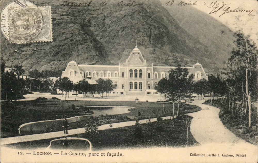 Luchon — O Casino, parque e fachada — Coleção Sarthe em Luchon, Dérosé - Frente
