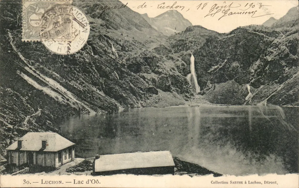 Luchon — Lac d'Oô — vista do dique e cascata — Coleção Sarthe, Depositado. - Frente