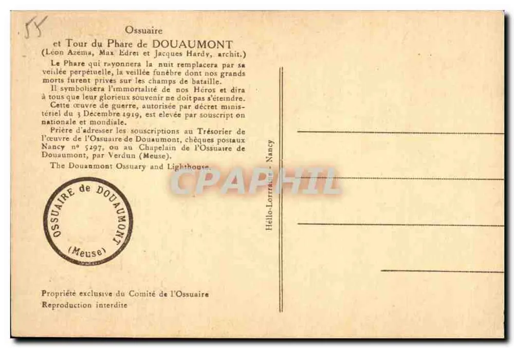 Torre do Farol de Douaumont — Ossuário de Douaumont — Editor desconhecido, n° 55 - Verso