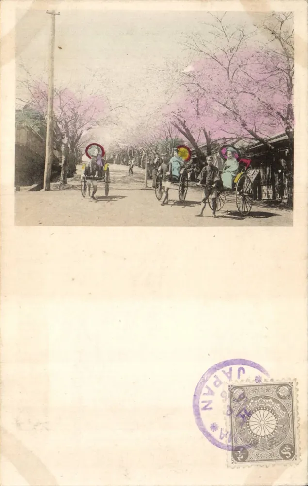 Cerejeiras — Cena de rua com rickshaws — Japão - Frente