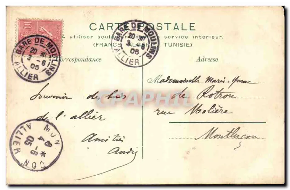 Vista geral de Mouilins — Ponte Regemortes — J. Poyeaux, editor, Mouilins (Allier) 1901 - Verso