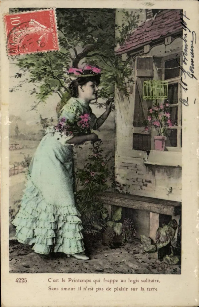 Frau im Garten — Der Frühling schlägt das einsame Heim — Verleger E. D. n° 4225 - Vorderseite