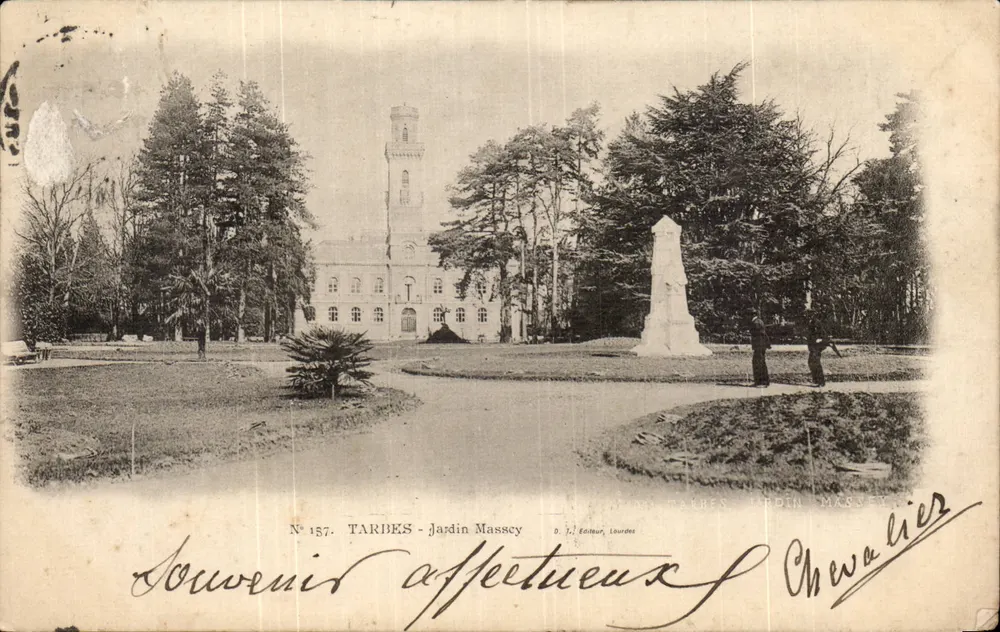 Tardes - Jardin Massey — vue du monument et du bâtiment avec tour, éditeur D. J. Editeur, Lourdes, n° 157 - Voorkant