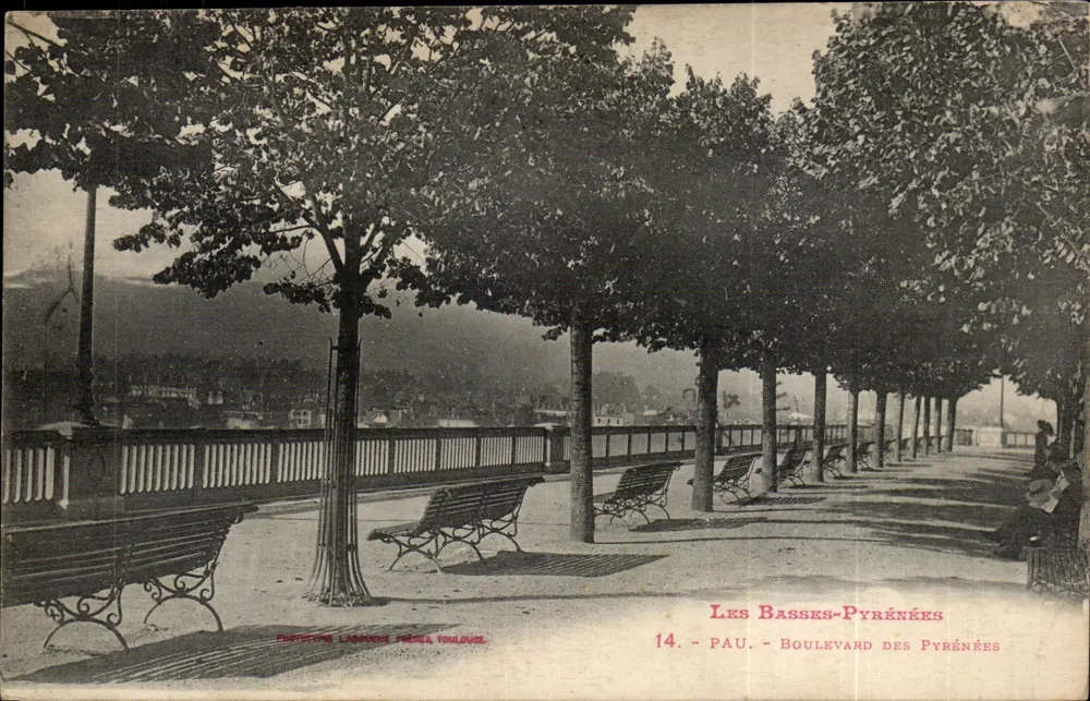 Pau - Boulevard des Pyrénées — vista do parque com bancos e árvores — Fototypie LADUCHE PÉRÉA TOULOUSE, n°14 - Frente