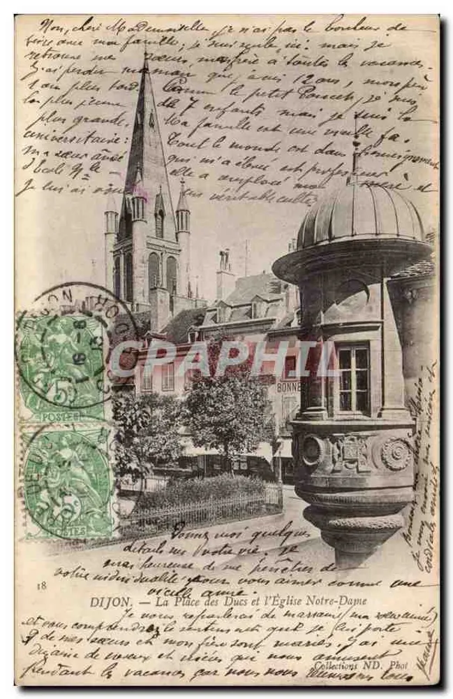 Dijon — Place des Ducs und Kirche Notre-Dame — Foto. ND - Vorderseite