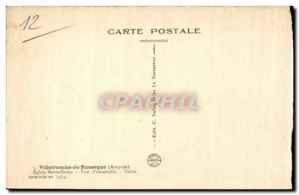 Villefranche-de-Rouergue — Kirche Notre-Dame — Übersicht — Gewölbe fertiggestellt 1474 — Verlag C. Salin - Rückseite