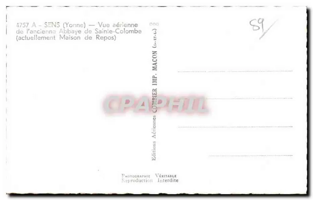 Sens (Yonne) — Luftbild der ehemaligen Abtei Sainte-Colombe (heute Altersheim) — Verlag: Editions Véritable - Rückseite