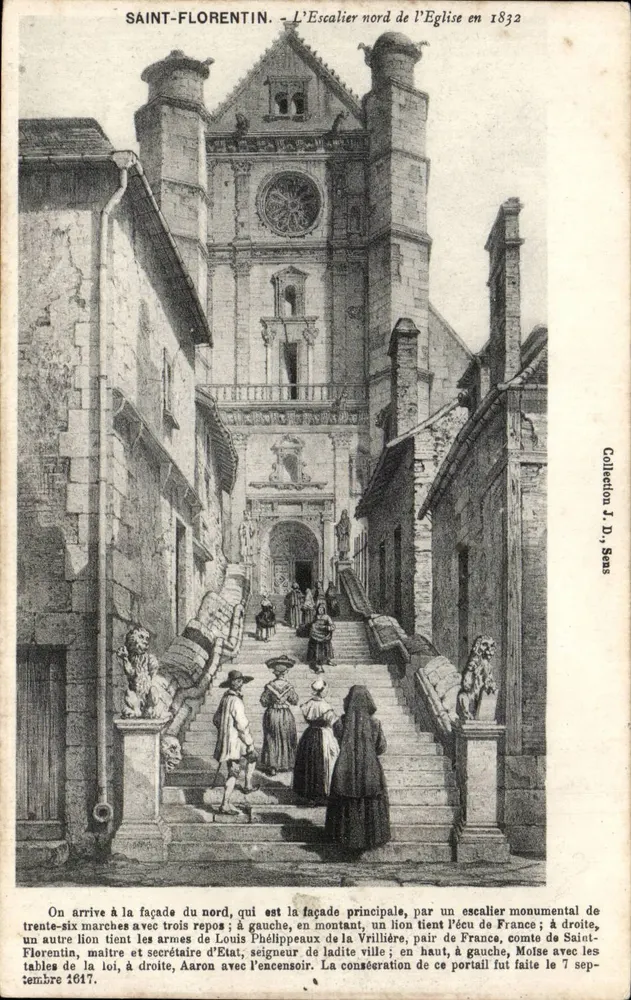 Saint-Florentin — Die nördliche Treppe der Kirche im Jahr 1832 — Sammlung J. D., Sans - Vorderseite