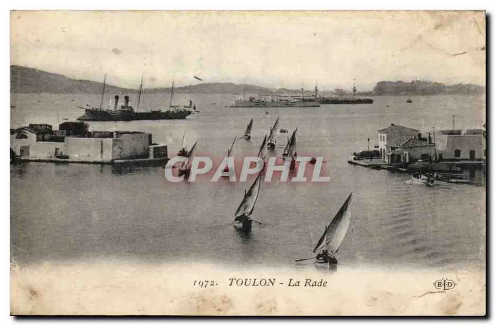 Toulon - A Baía — vista marítima com barcos a vela e navios — E.D. n°1472 - Frente