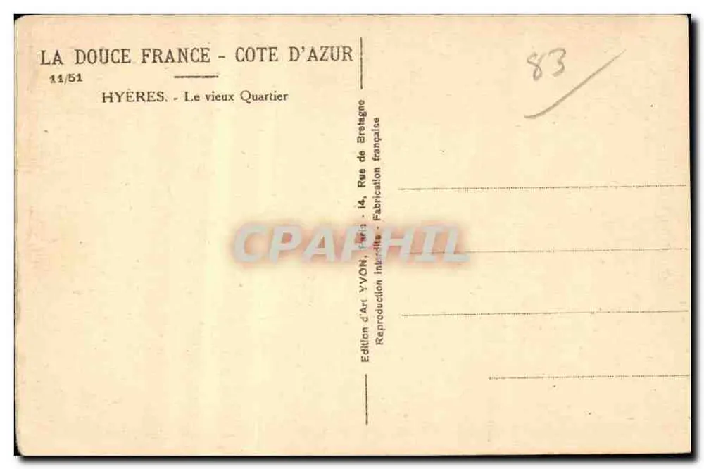 Hyères - O velho Bairro — Rue de Bretagne — Edição d'Art YVON - Verso