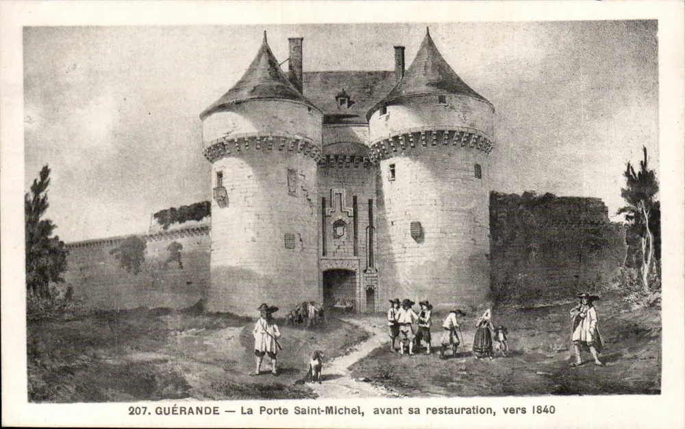 Guérande — Ansicht der Porte Saint-Michel vor der Restauration, um 1840 — R. Chapeau, Nantes, Nr. 207 - Vorderseite
