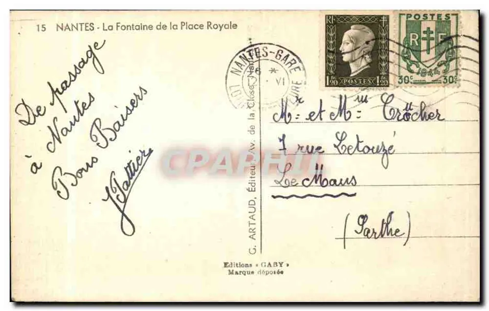 Nantes - Die Fontaine der Place Royale — G. ARTAUD, Verlag, Nr. 15 - Rückseite