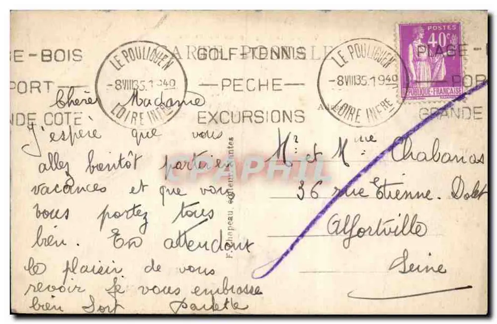 Pornichet (Loire-Inf.) — Blick auf den Strand, vom Boulevard aus — unbekannter Verlag, Nr. 105 - Rückseite