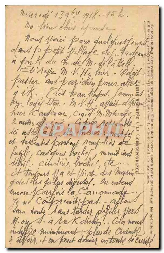 Militärische Korrespondenz — Offizielle Karte der Republik — datiert 13. Juni 1918 - Rückseite