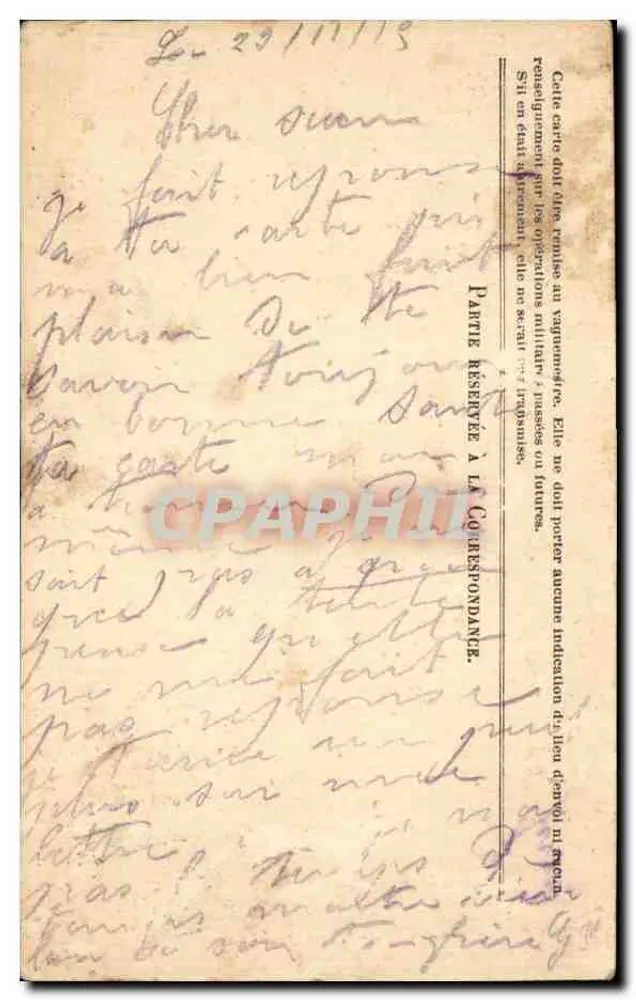 Correspondence der Armee der Republik — Ansichtskarte in Freimarkt — Verrières-lès-Dijon, Jura - Rückseite