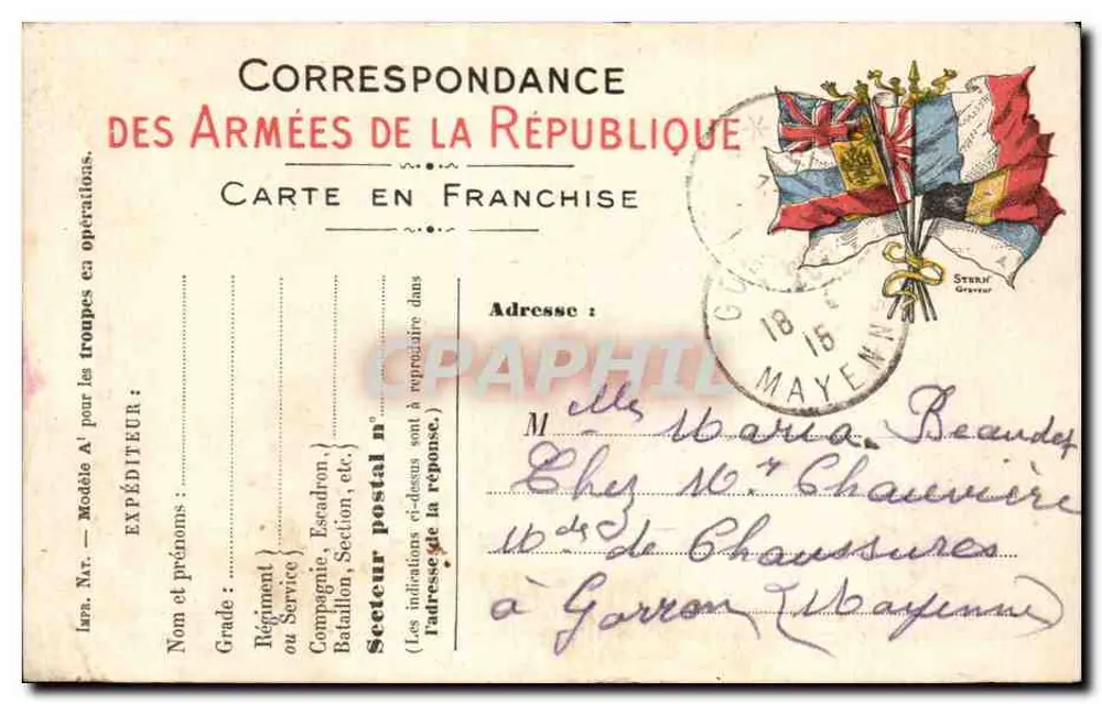 Correspondence der Armee der Republik — Freiporto — 1915 — Gouvy (Mayenne) - Vorderseite