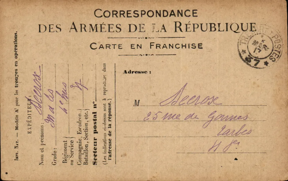 Korrespondenz der Armee der Republik — Freiporto — 1. August 1917 - Vorderseite