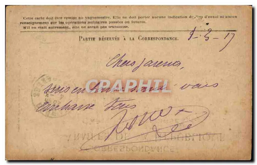 Korrespondenz der Armee der Republik — Freiporto — 1. August 1917 - Rückseite