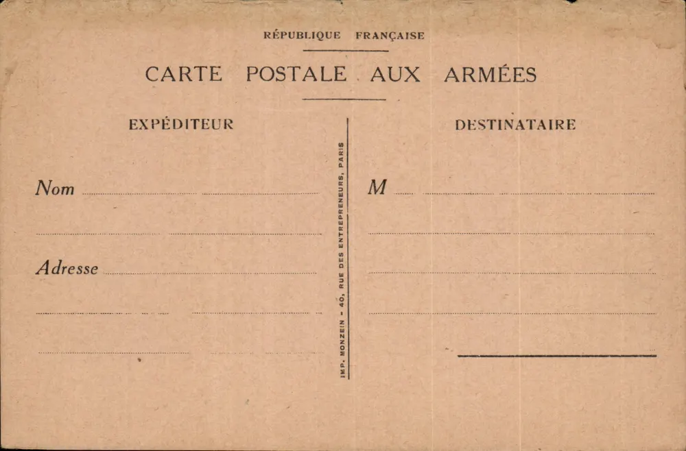 Ansichtskarte für die Streitkräfte — Französische Republik — Imp. Ronzen, Paris - Vorderseite