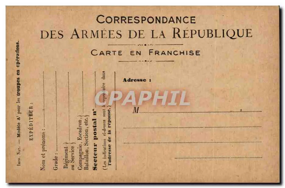 Correspondenz der Armee der Republik — Postkarte in Franchise — Modell Nr. 1 - Vorderseite