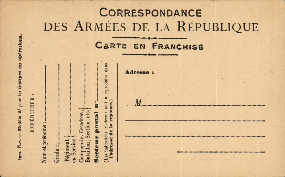 Correspondenz der Armee der Republik — Ansichtskarte in Freiheit — Modell A' - Vorderseite