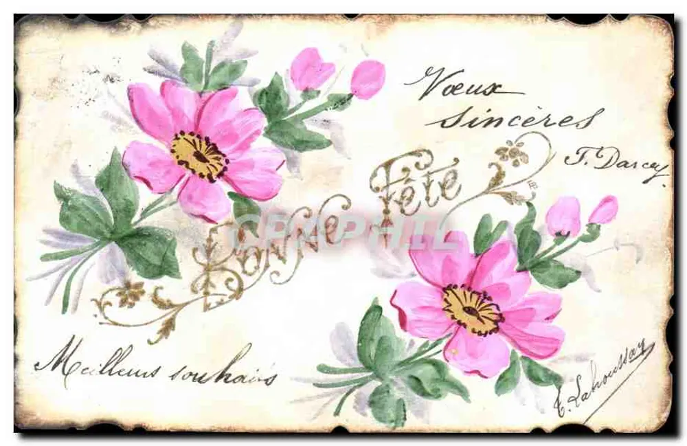 Rosa Blumen — Glückwünsche — F. Labouhey - Vorderseite